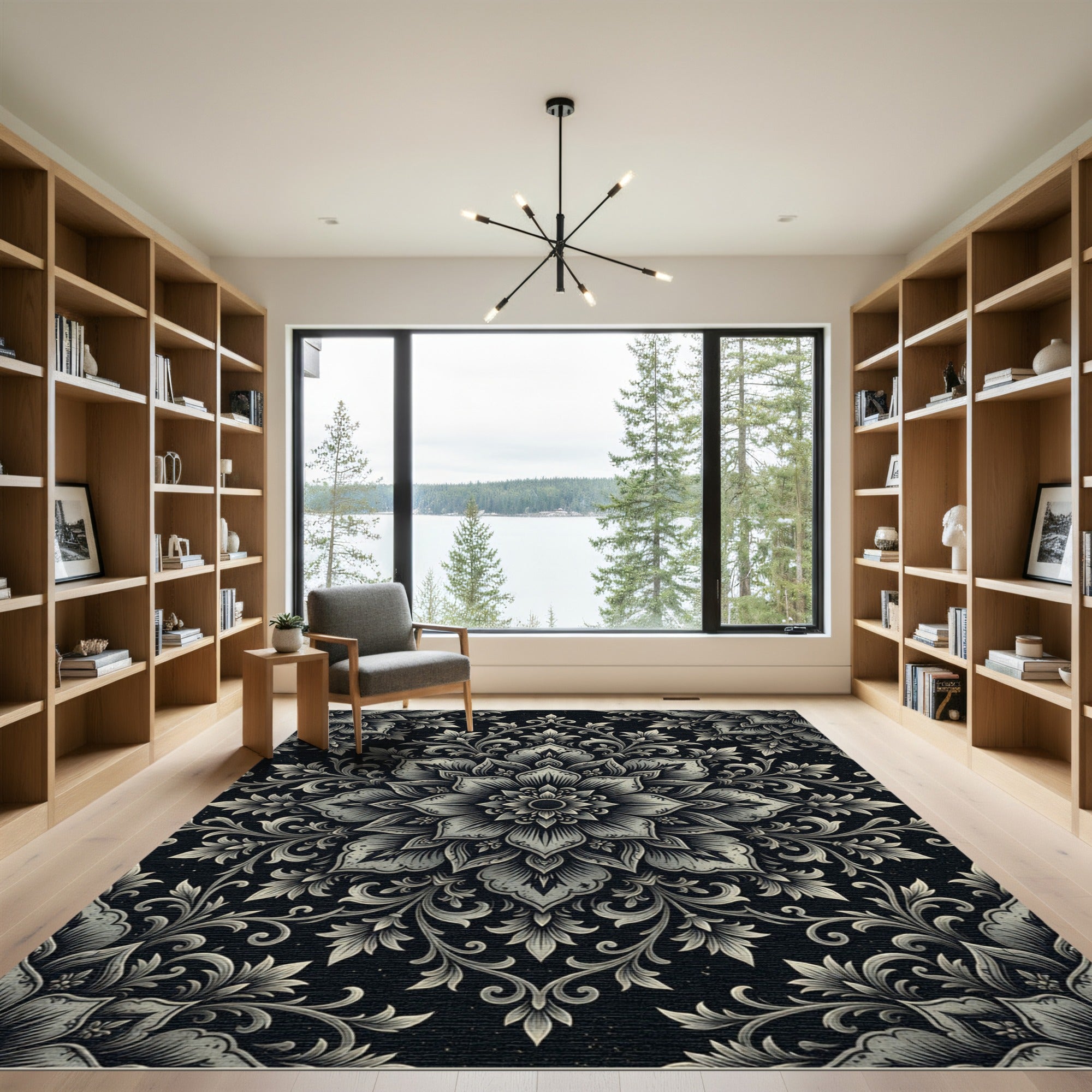 Elegant Charcoal Floral Medallion Rug