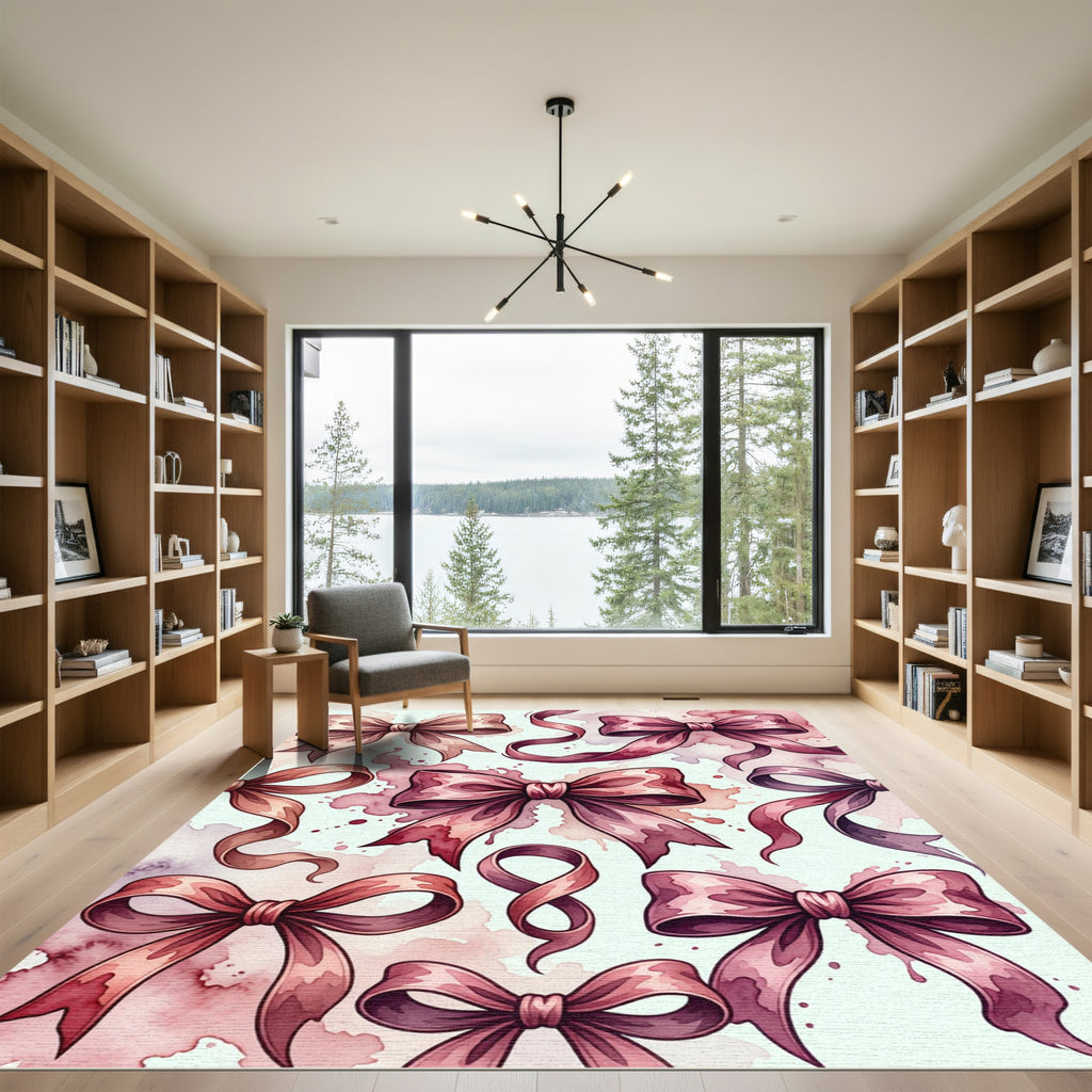 Watercolor Pink Ribbon Bow Composition Rug