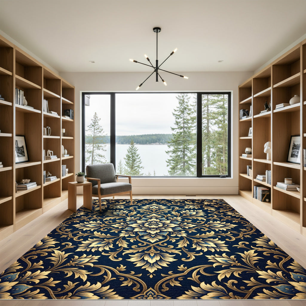 Golden Floral Medallion Navy Foliage Rug