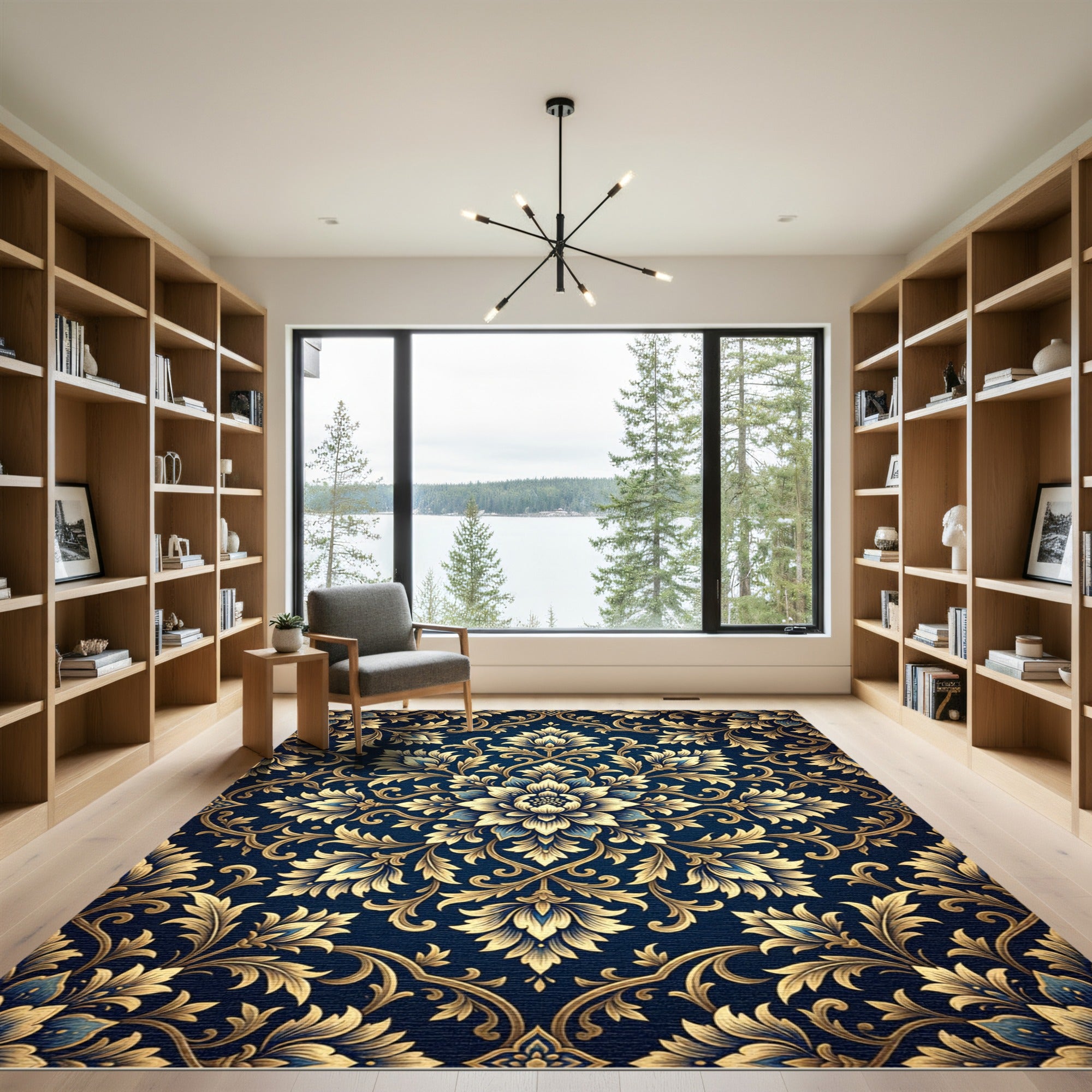 Golden Floral Medallion Navy Foliage Rug