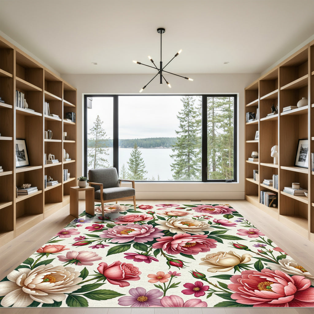 Elegant Blush Pink Floral Botanical Illustration Rug