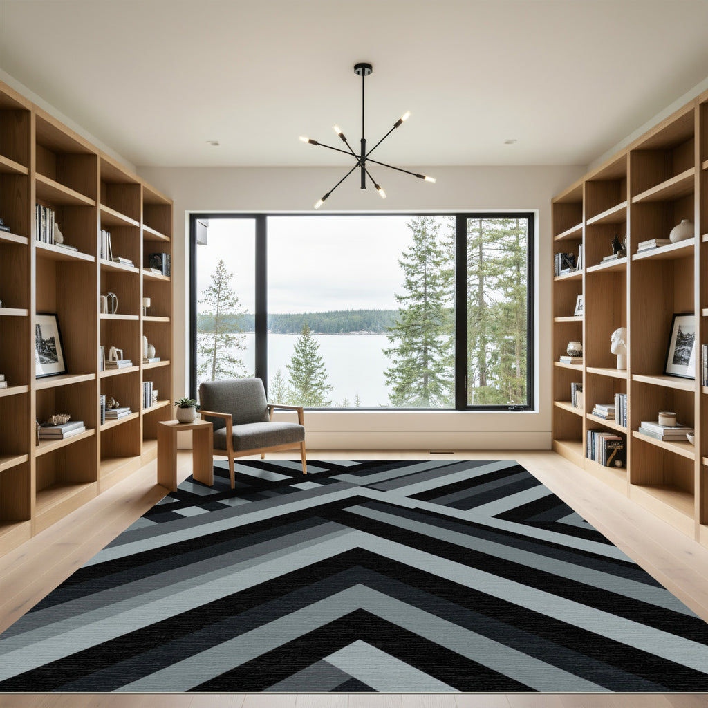 Modern Monochrome Geometric Angular Stripe Rug