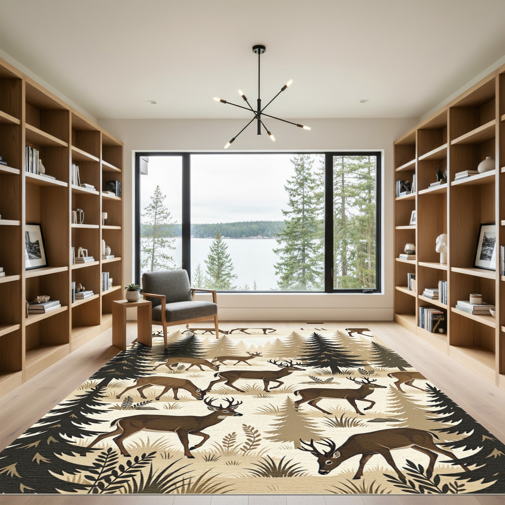 Earthy Forest Deer Woodland Scene Rug