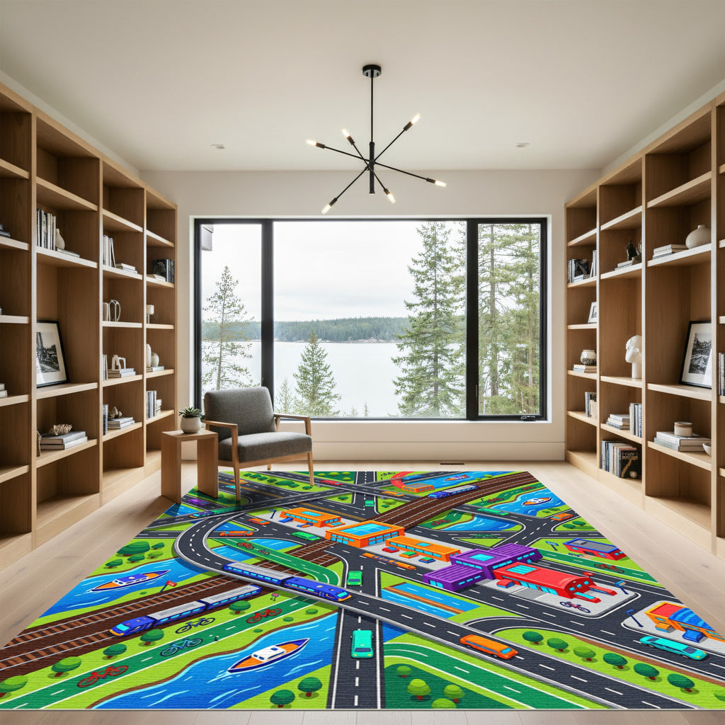 Vibrant Isometric City Transit Urban Map Rug