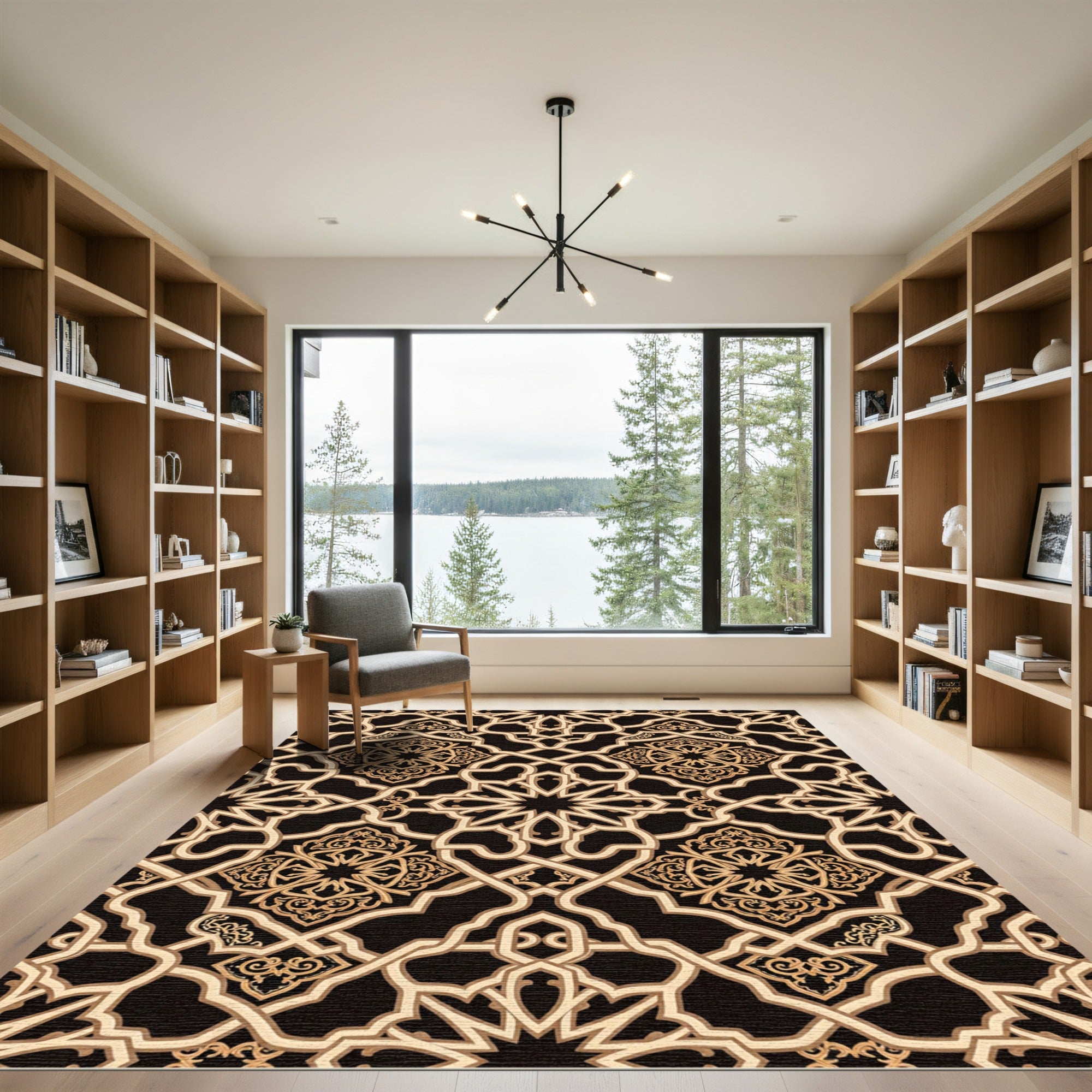 Elegant Gold Geometric Arabesque Tapestry Rug