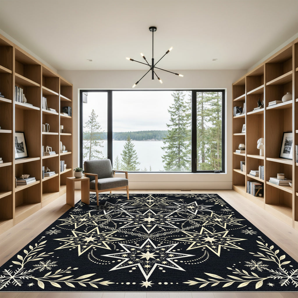 Golden Starburst Mandala Black Rug