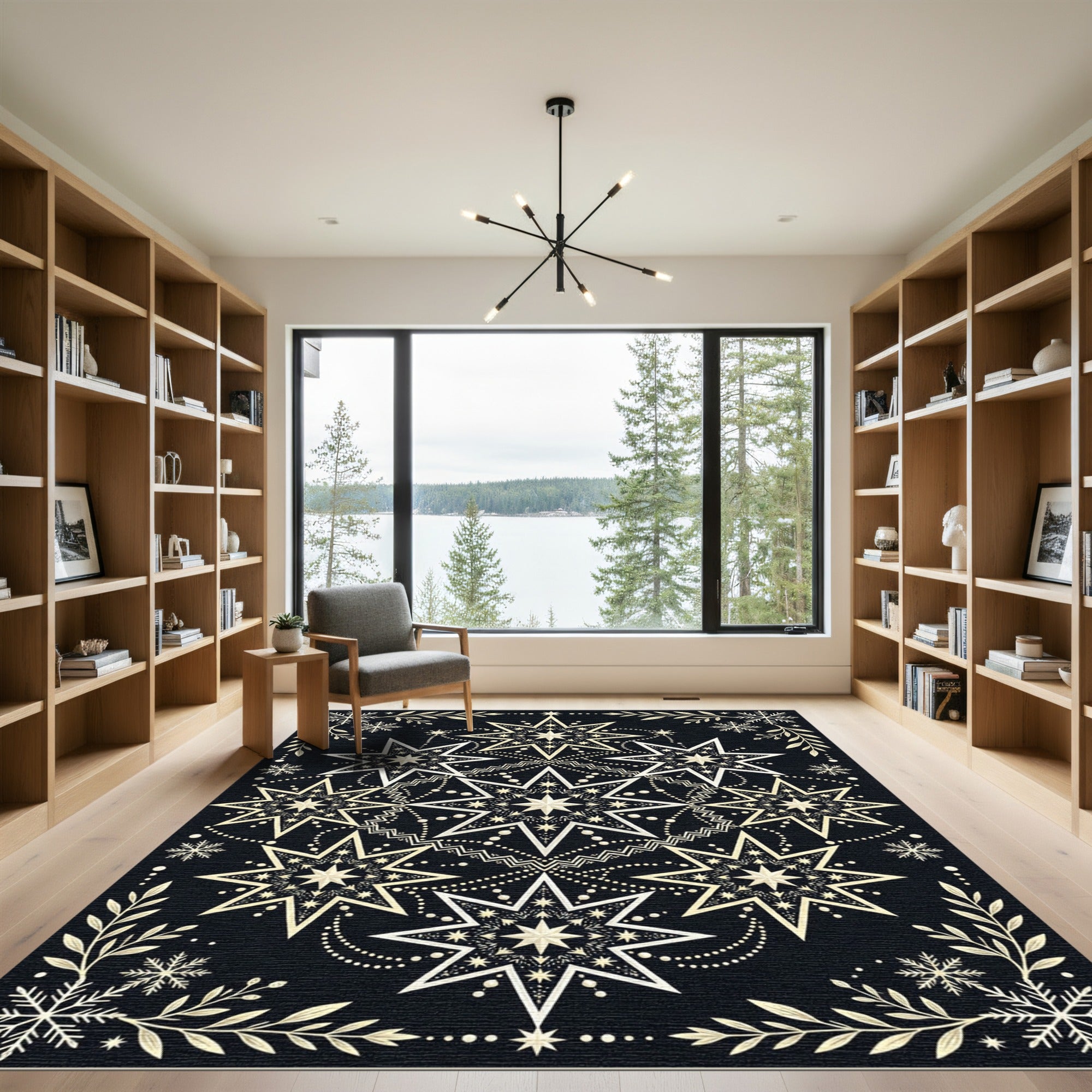 Golden Starburst Mandala Black Rug