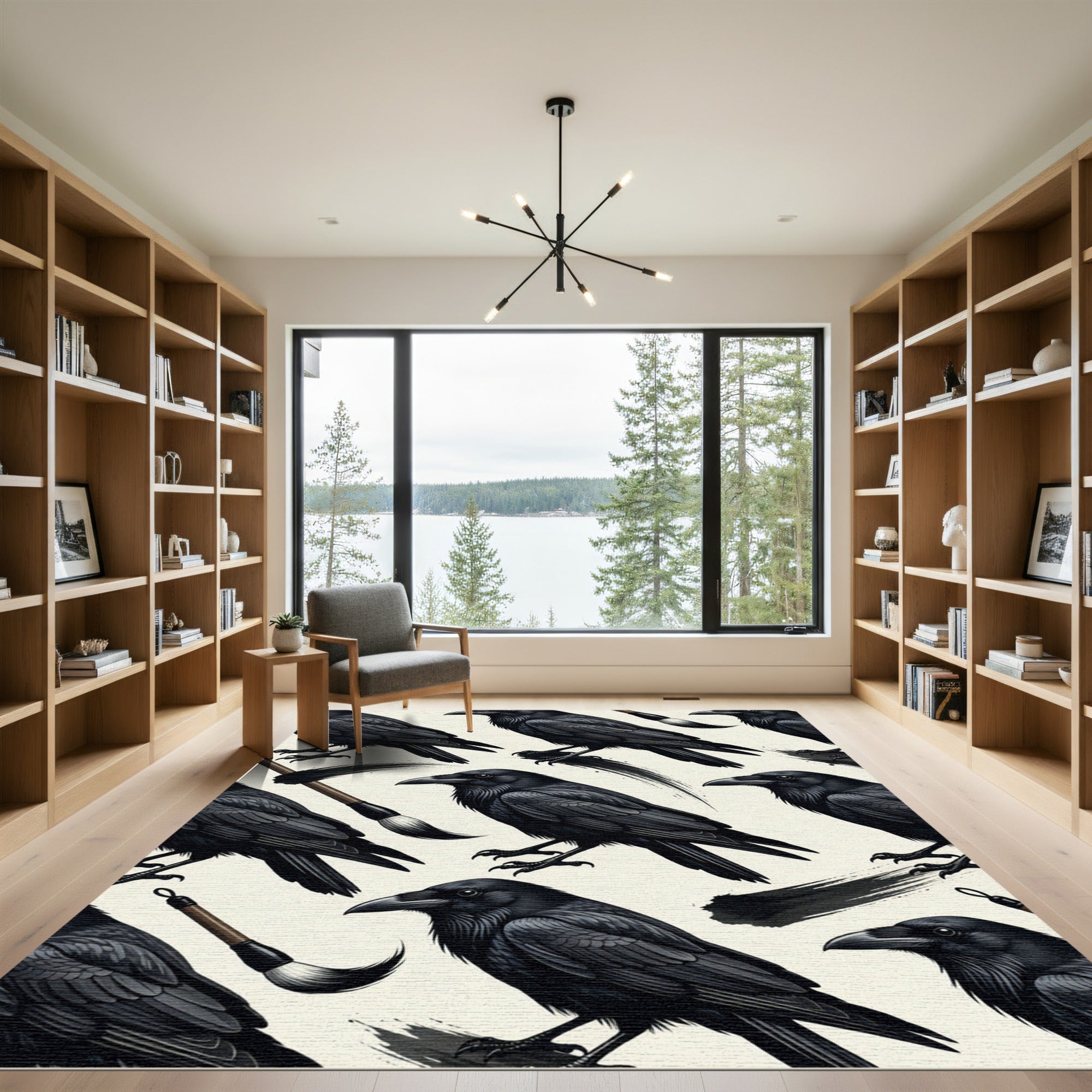Dark Raven Ink Brush Bird Illustration Rug