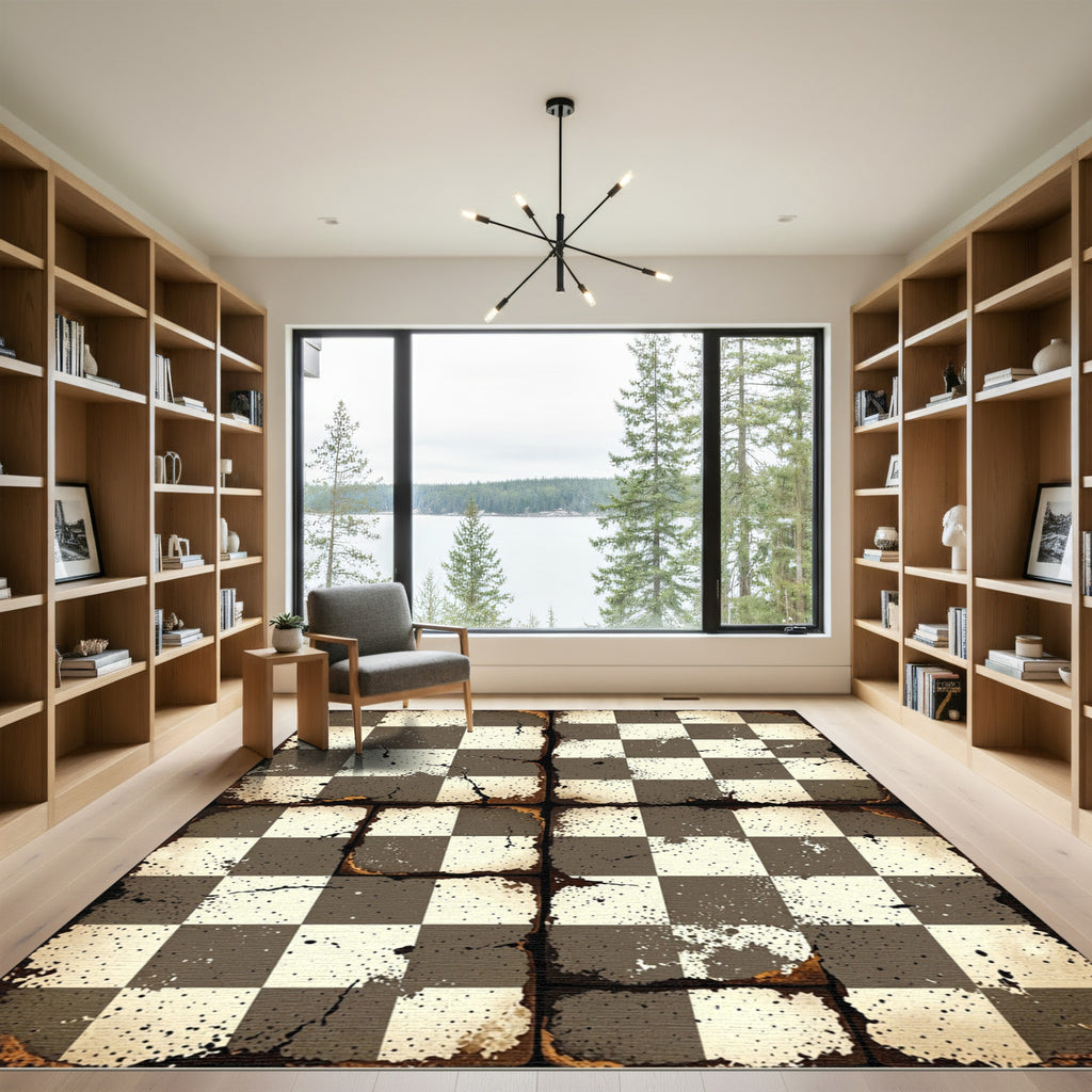 Distressed Monochrome Checkerboard Earthy Grid Rug