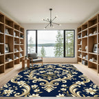 Elegant Navy Gold Baroque Floral Damask Rug