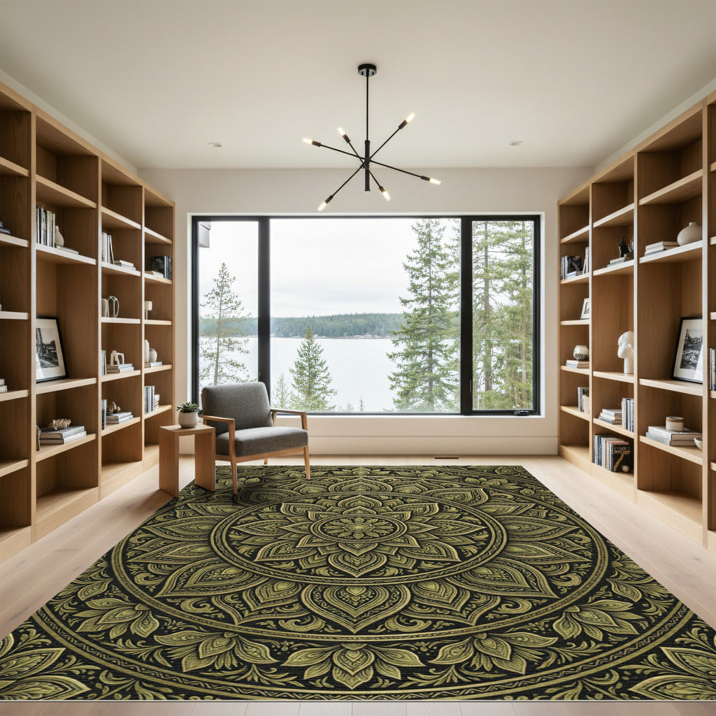 Gold Mandala Art In Black Rug