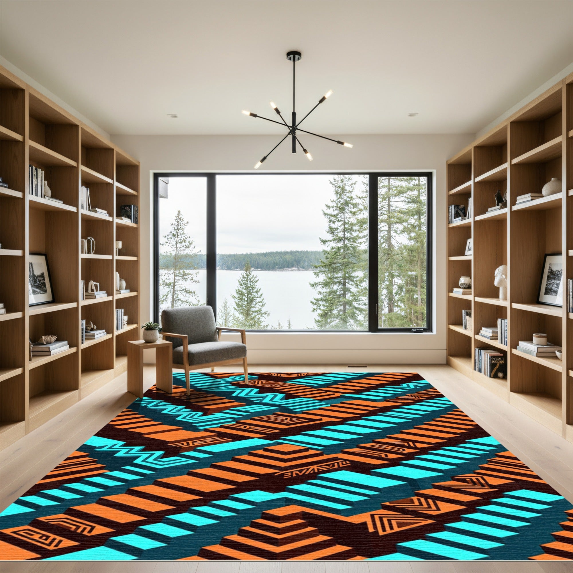 Geometric Turquoise and Orange Step Illusion Rug