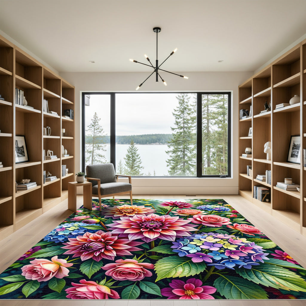 Vibrant Multicolored Dahlia Hydrangea Garden Rug