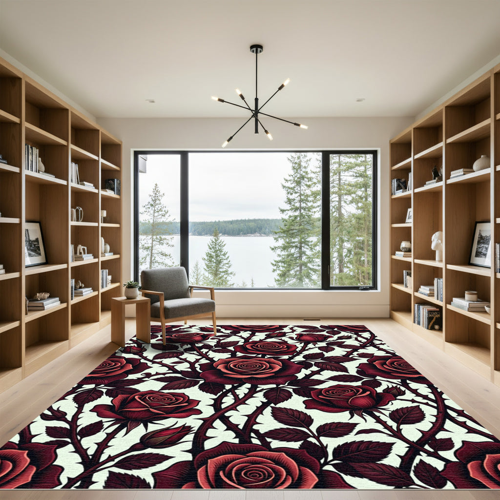 Dark Crimson Rose Garden Floral Rug