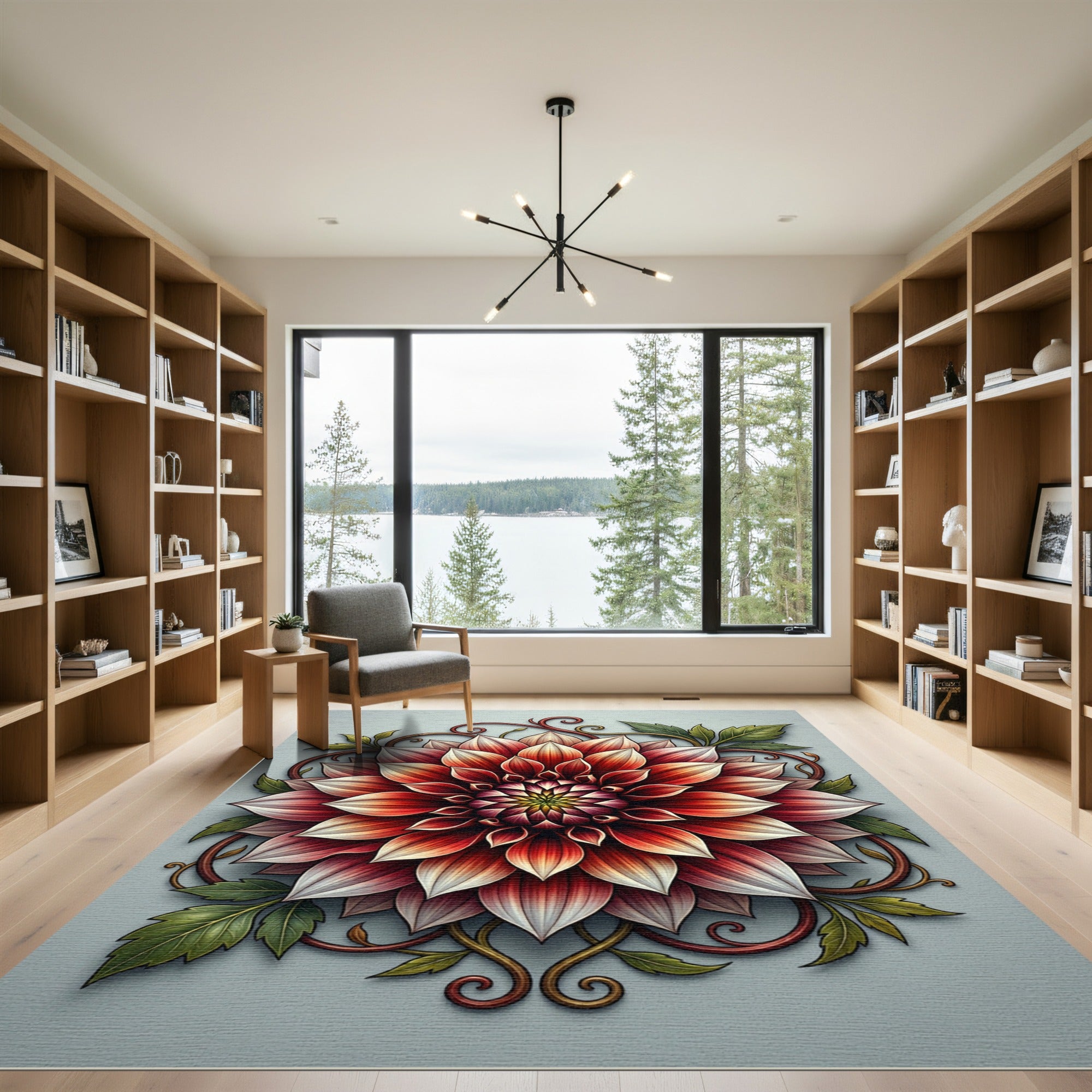 Vibrant Crimson Dahlia Floral Medallion Rug
