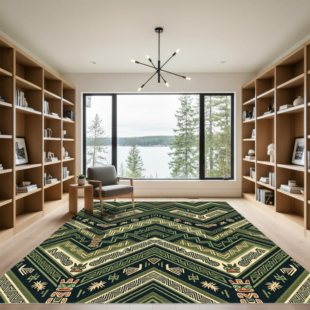 Green Tribal Totem Chevron Rug