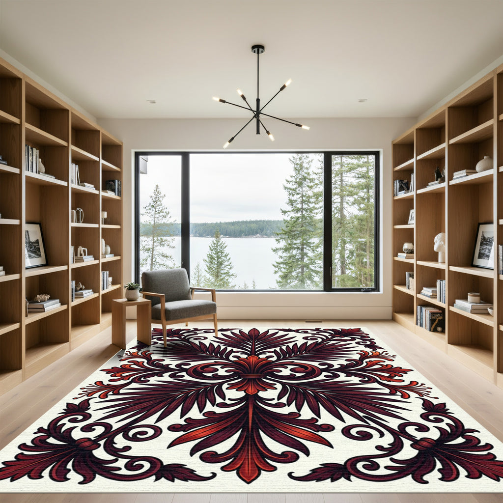 Crimson Rich Leaf Scrollwork Rug