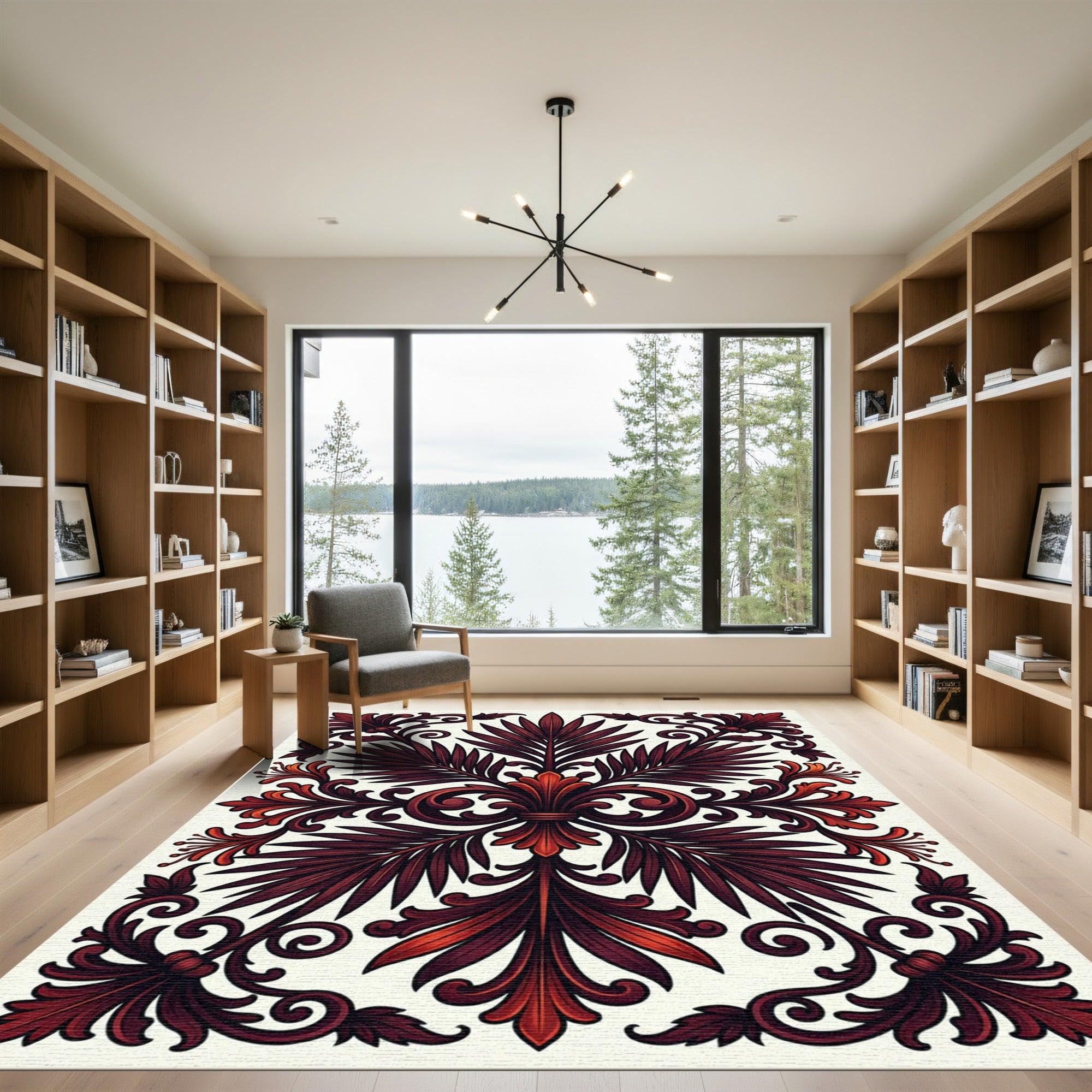 Crimson Rich Leaf Scrollwork Rug