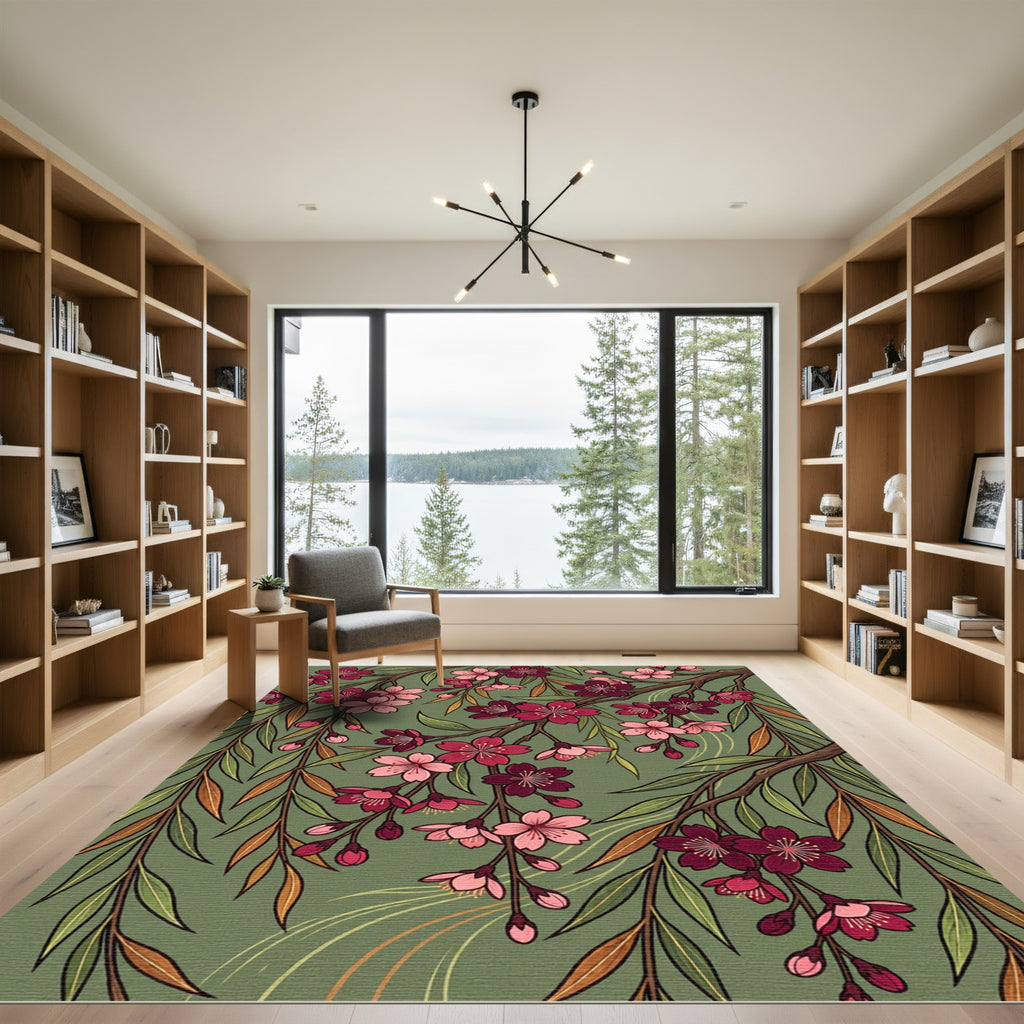 Cherry Blossom Branch Green Background Rug