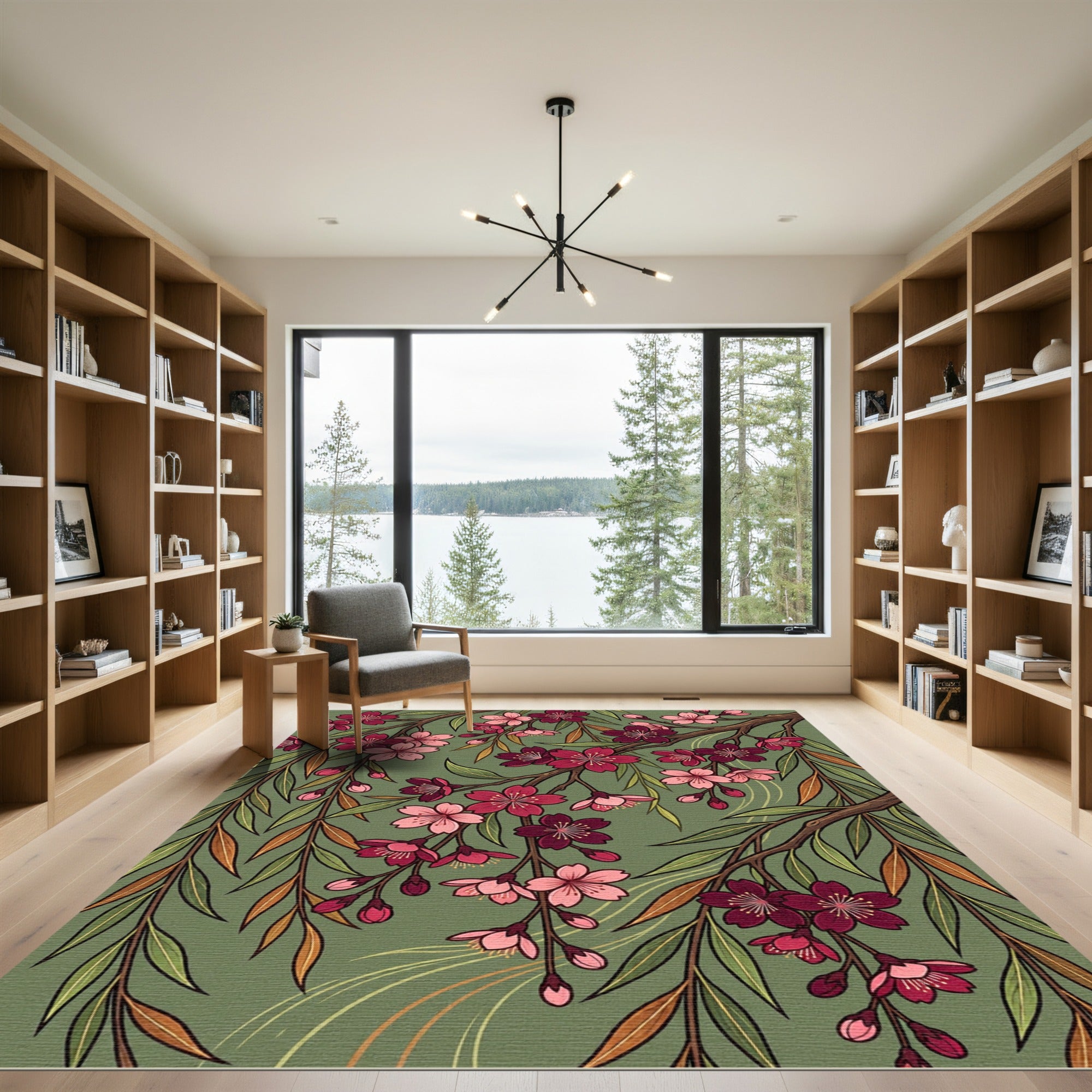 Cherry Blossom Branch Green Background Rug