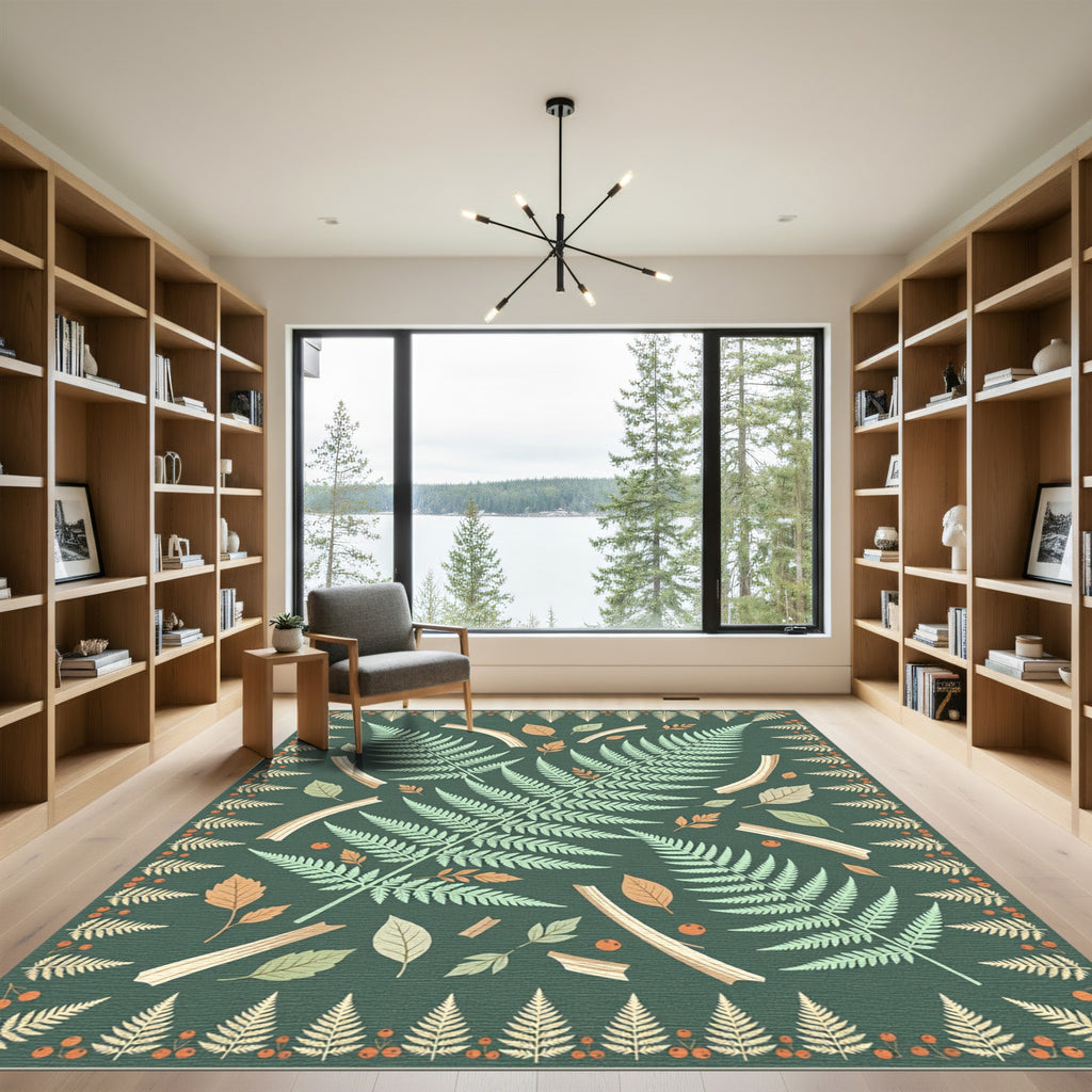 Sage Green Botanical Fern Forest Rug