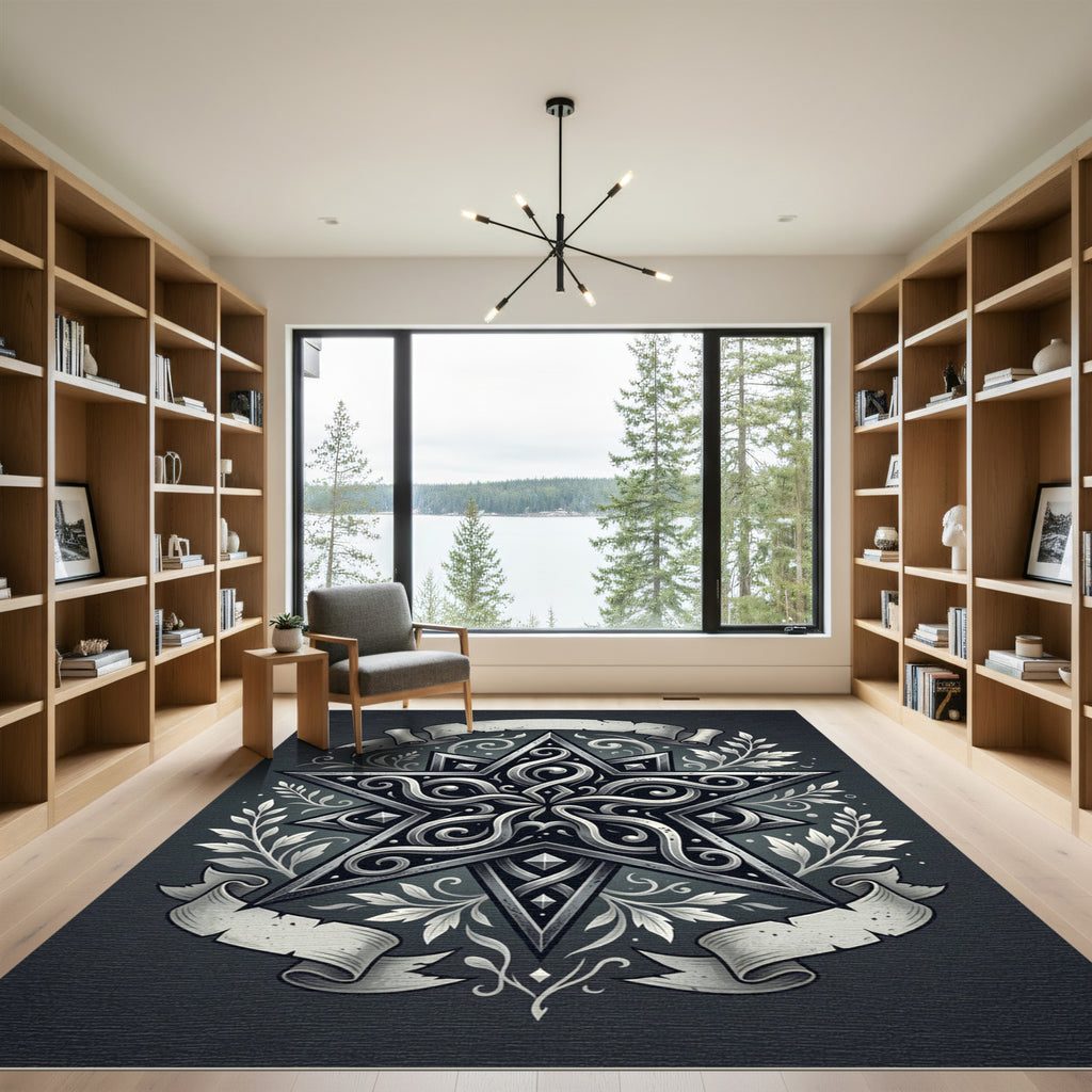 Monochromatic Gothic Star Ornate Scroll Rug
