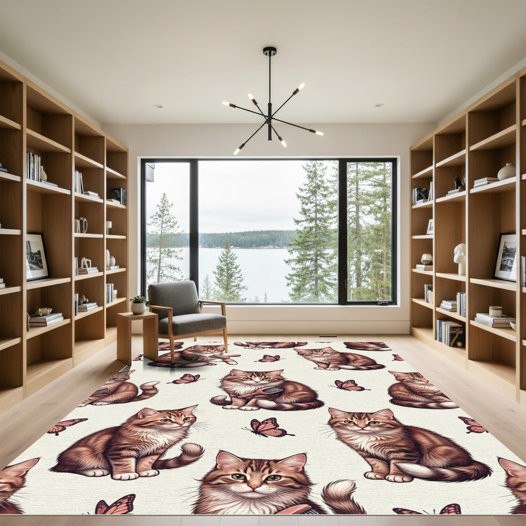 Brown Kitten Butterflies Whimsical Pattern Rug
