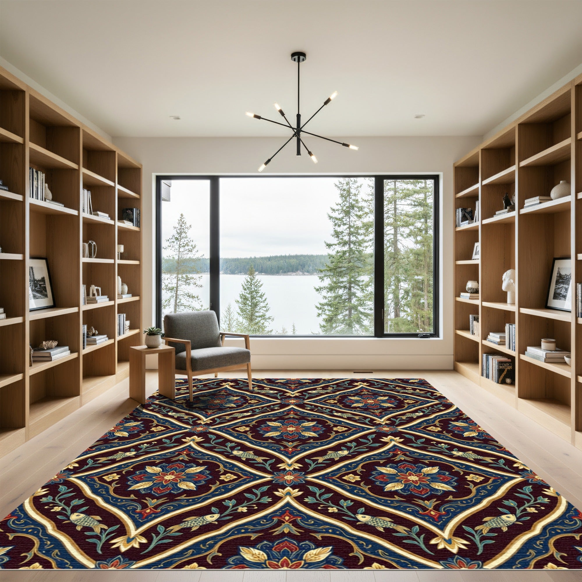 Ornate Deep Blue Floral Fish Medallion Rug