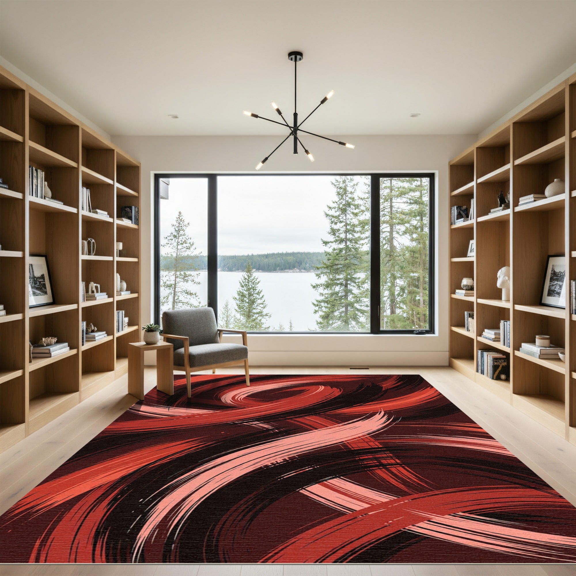 Red and Black Abstract Swirl Rug