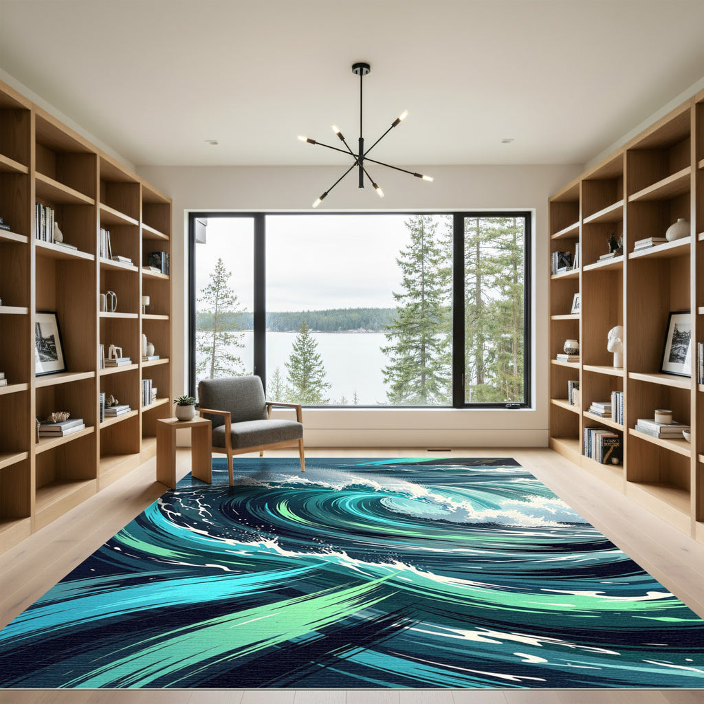 Dynamic Teal Ocean Wave Swirl Rug