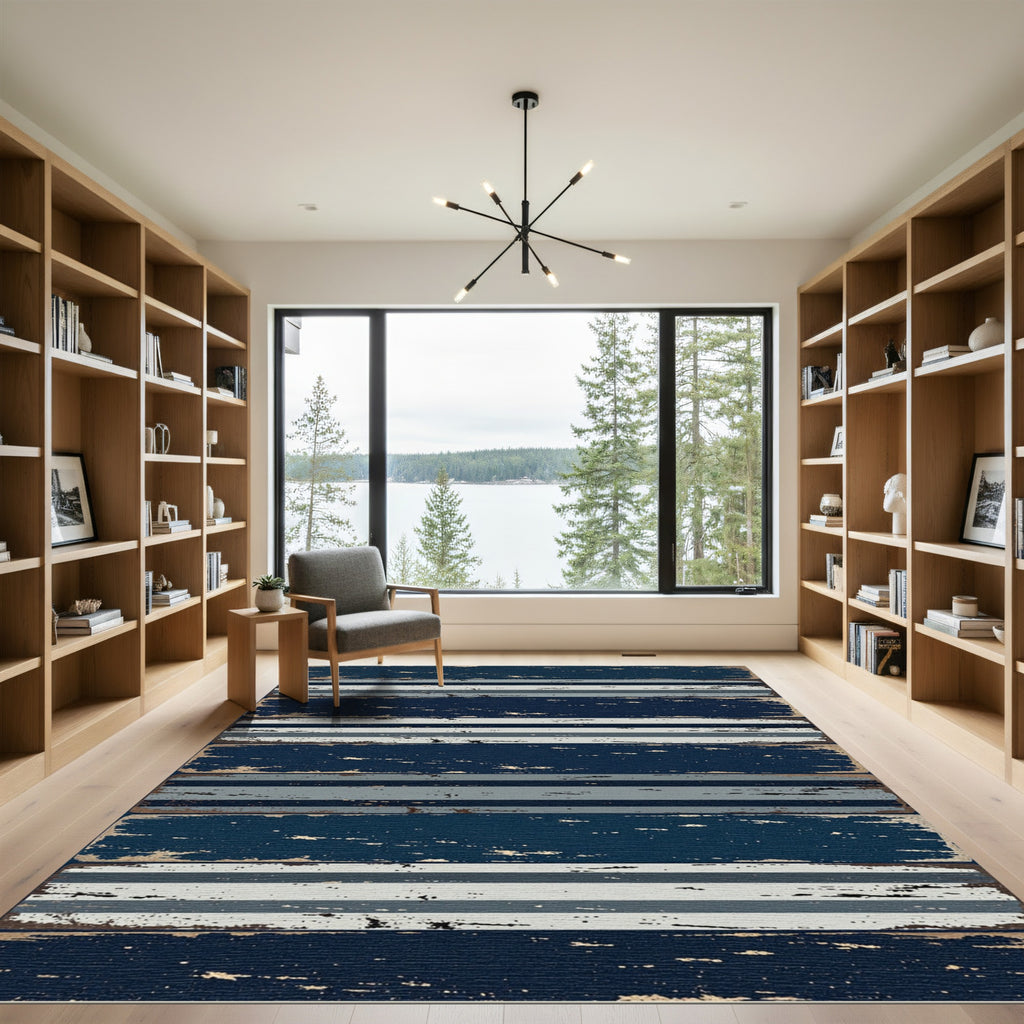 Distressed Navy and Gray Horizontal Stripe Rug
