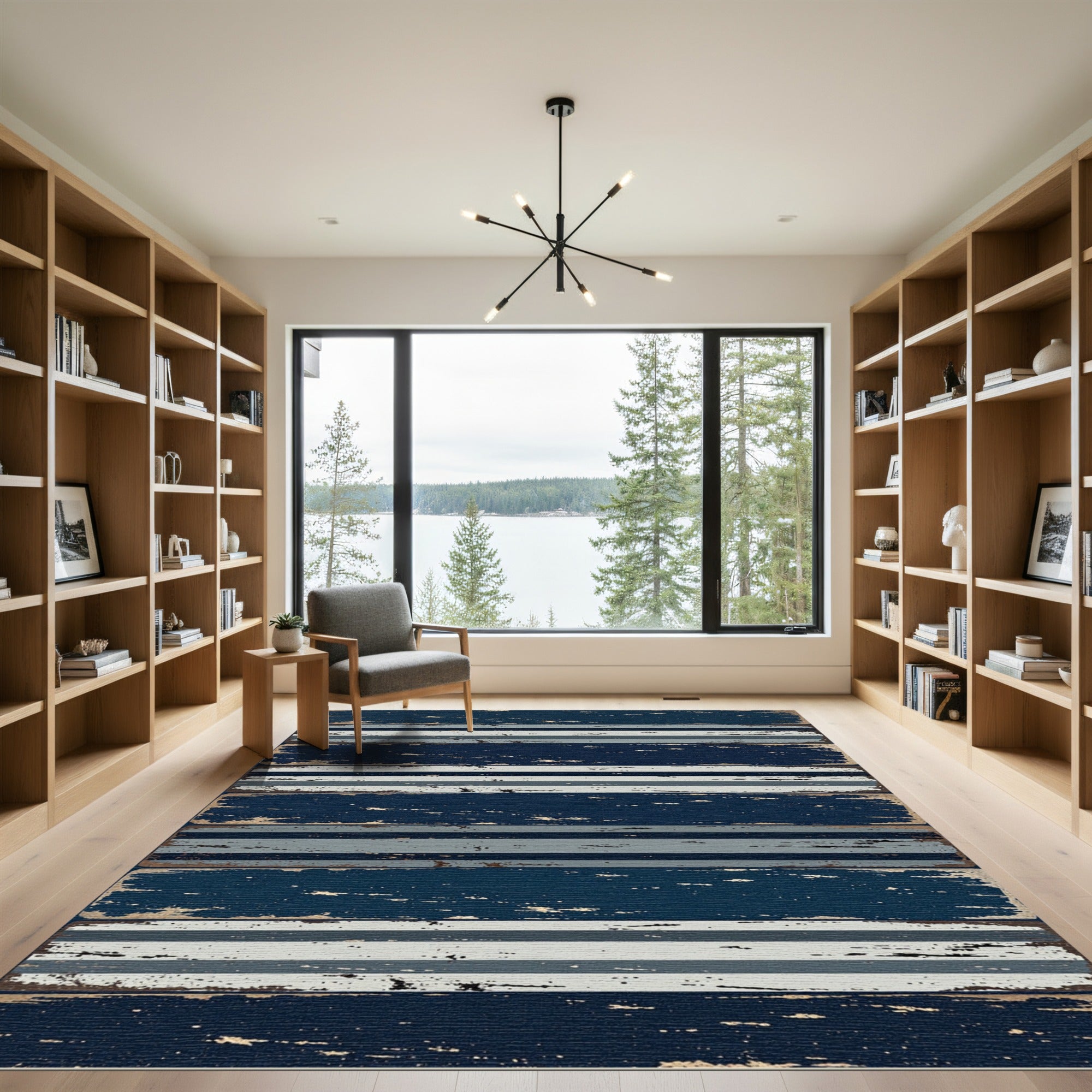 Distressed Navy and Gray Horizontal Stripe Rug