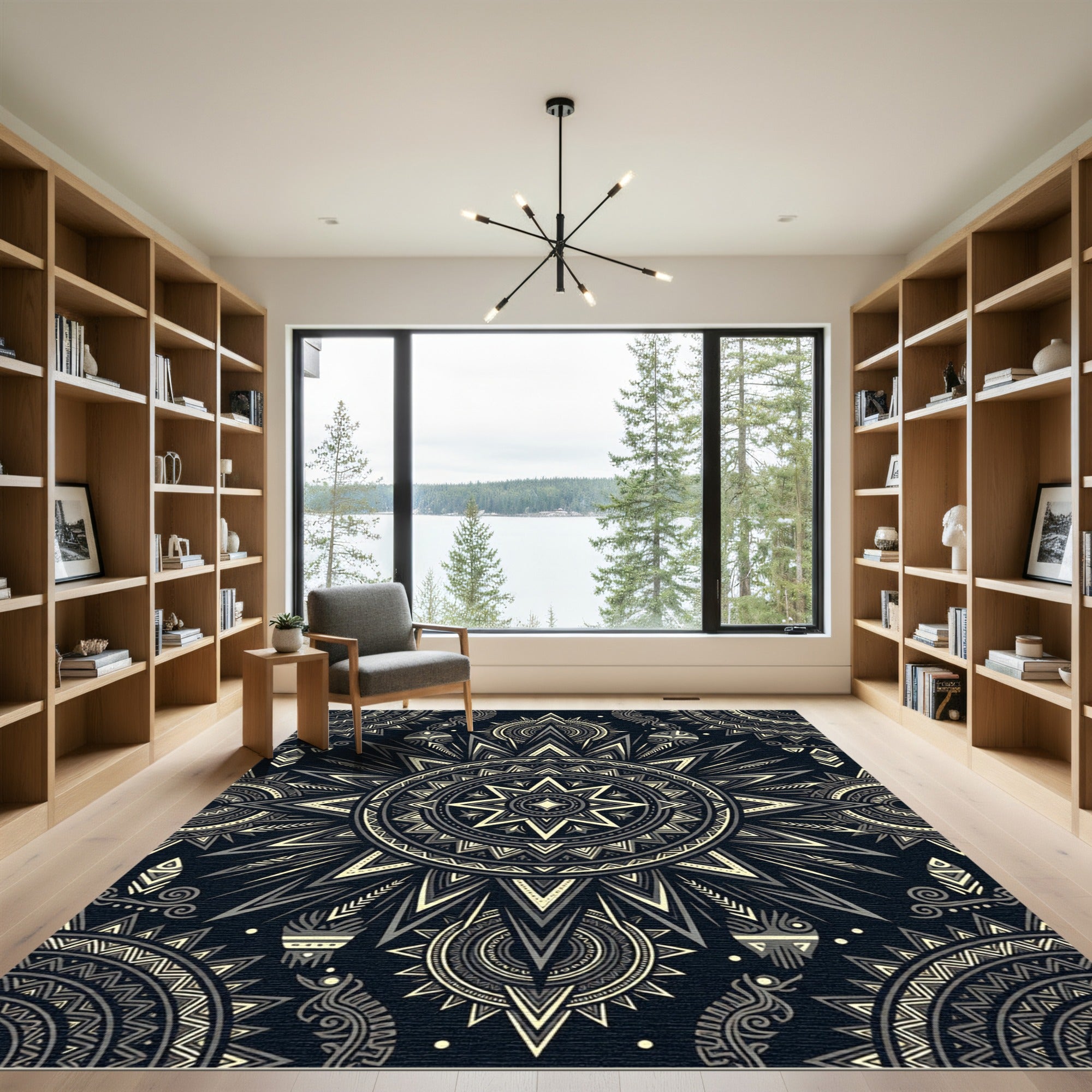 Celestial Sunburst Monochrome Geometric Art Rug
