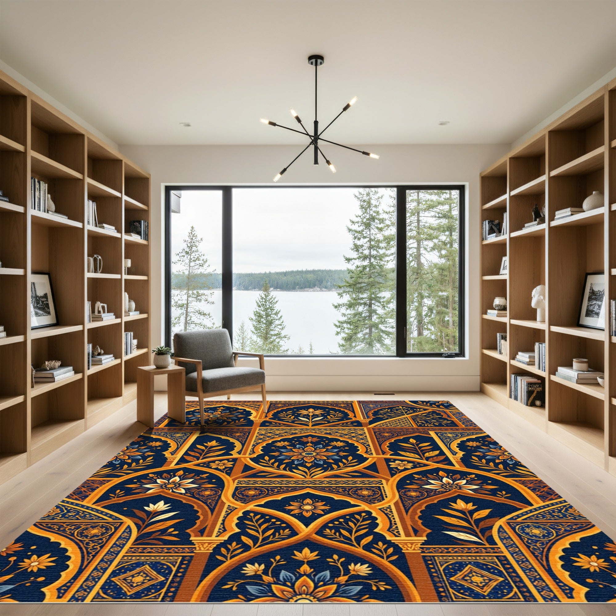Rich Navy Golden Arch Floral Rug