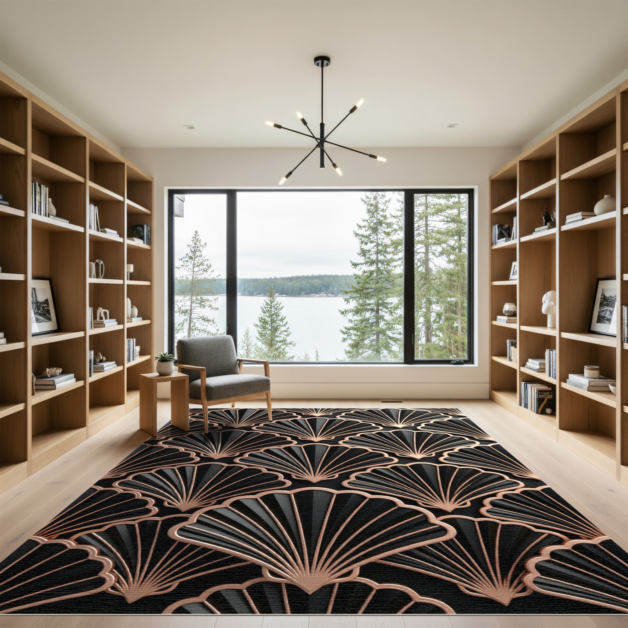 Black Fan Art Deco Relief Rug