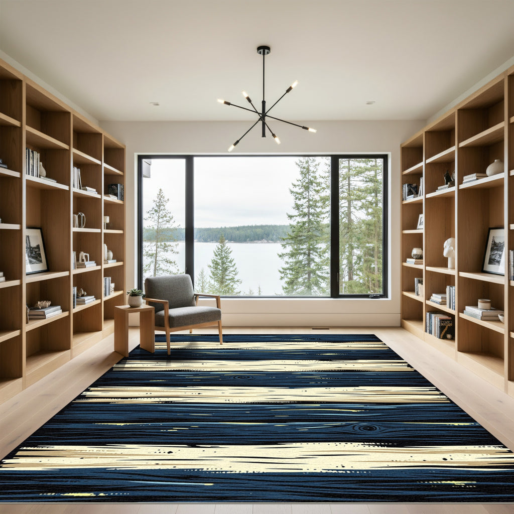 Navy and Cream Horizontal Wood Striped Rug