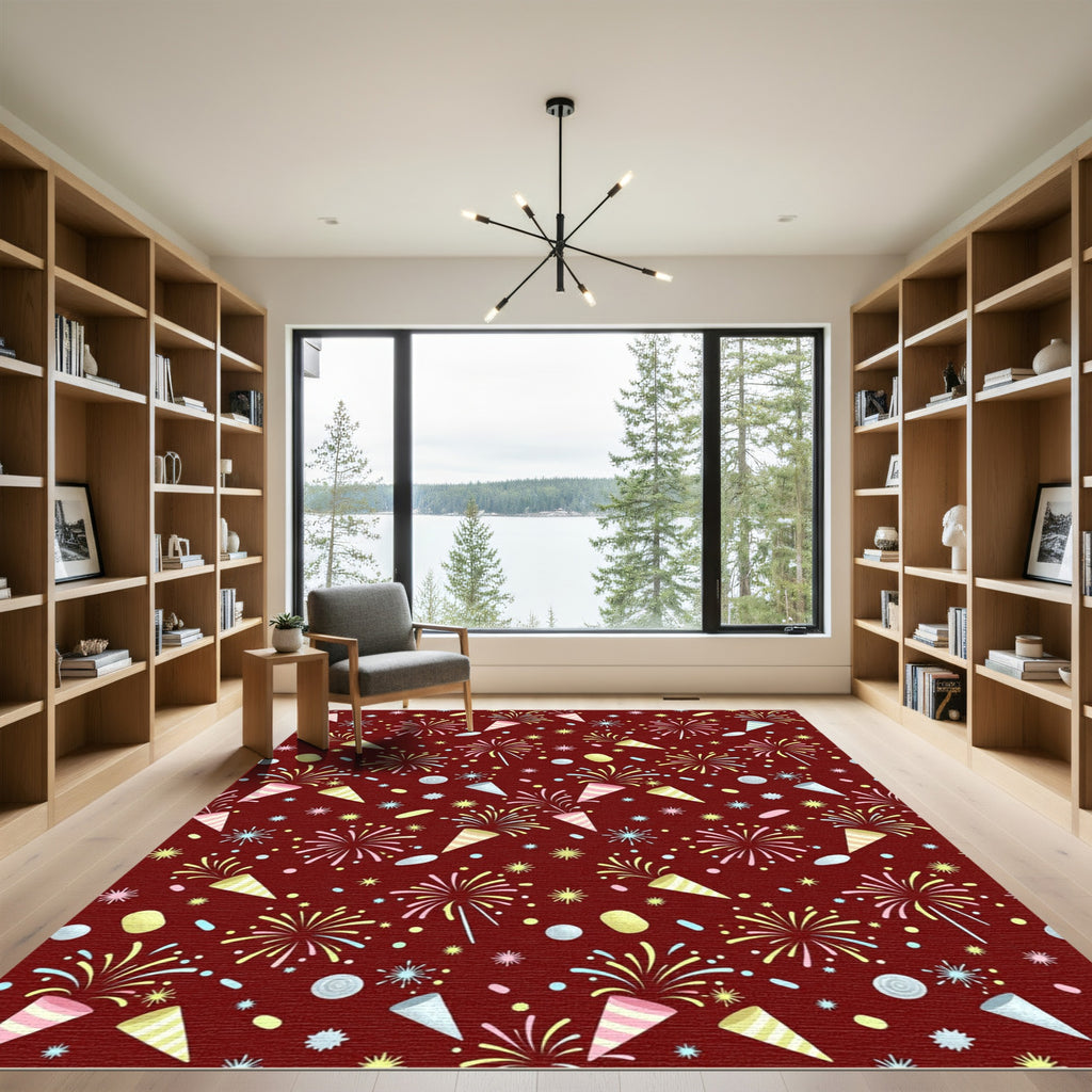 Crimson Festive Confetti Celebration Burst Rug