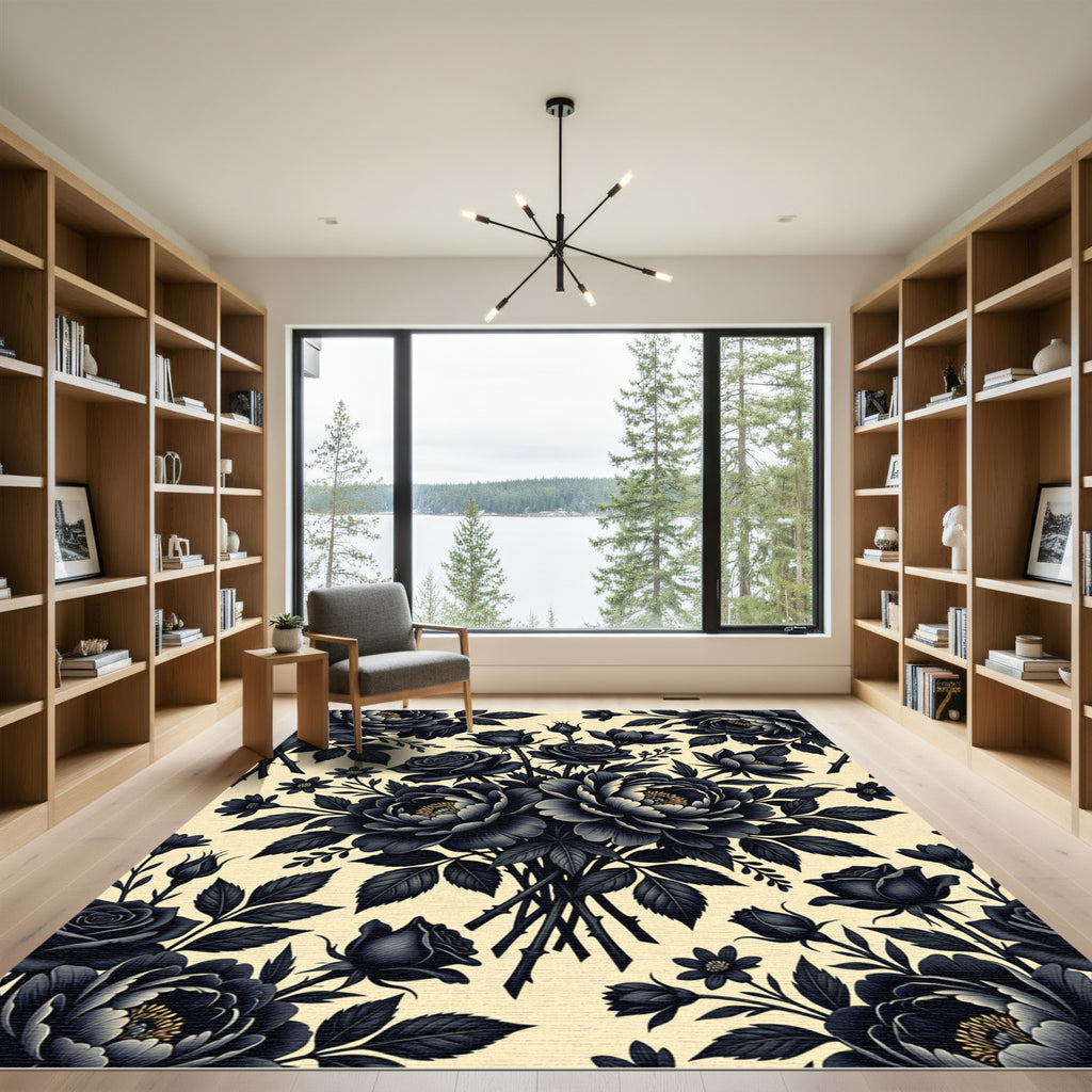 Elegant Black Floral Botanical Bouquet Rug