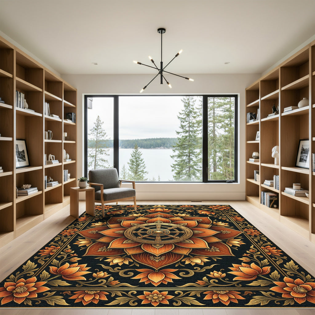 Golden Lotus Dharma Wheel Floral Medallion Rug
