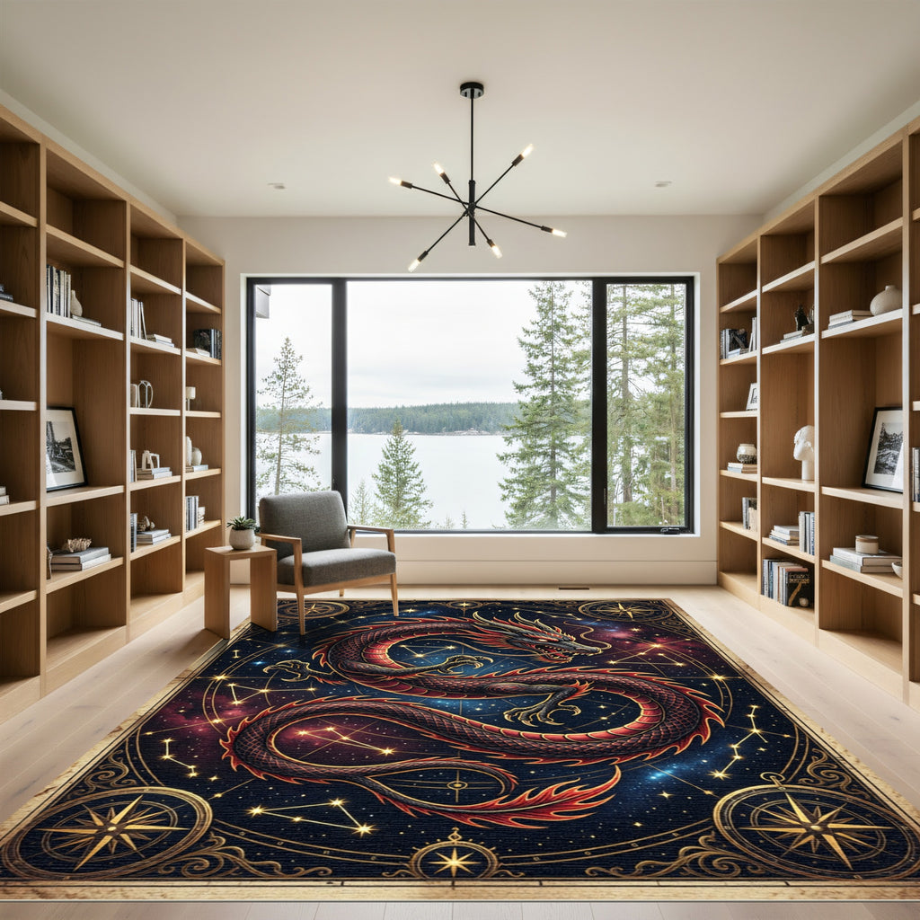 Celestial Crimson Dragon Starry Night Rug