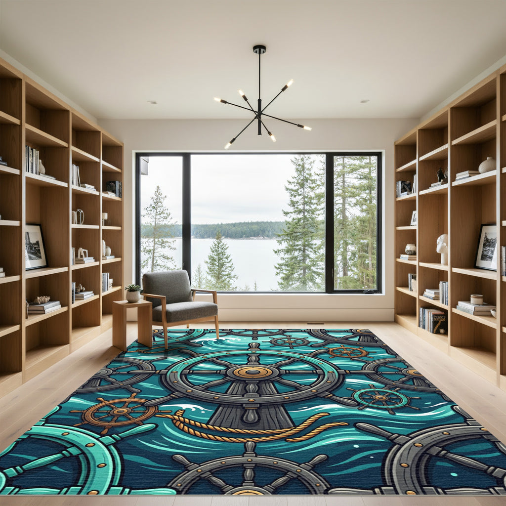Nautical Teal Ship Wheel Ocean Waves Rug