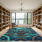 Nautical Teal Ship Wheel Ocean Waves Rug