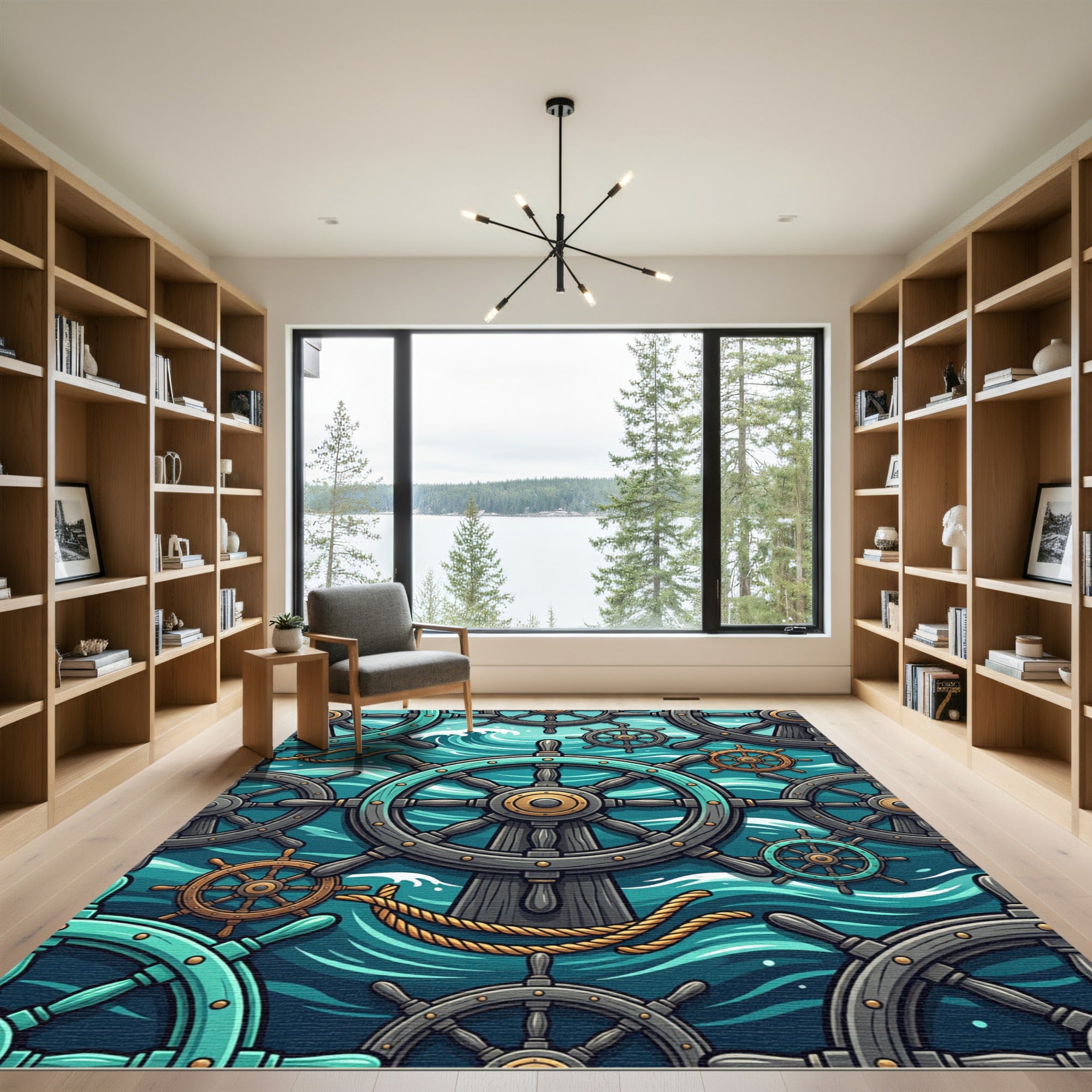Nautical Teal Ship Wheel Ocean Waves Rug