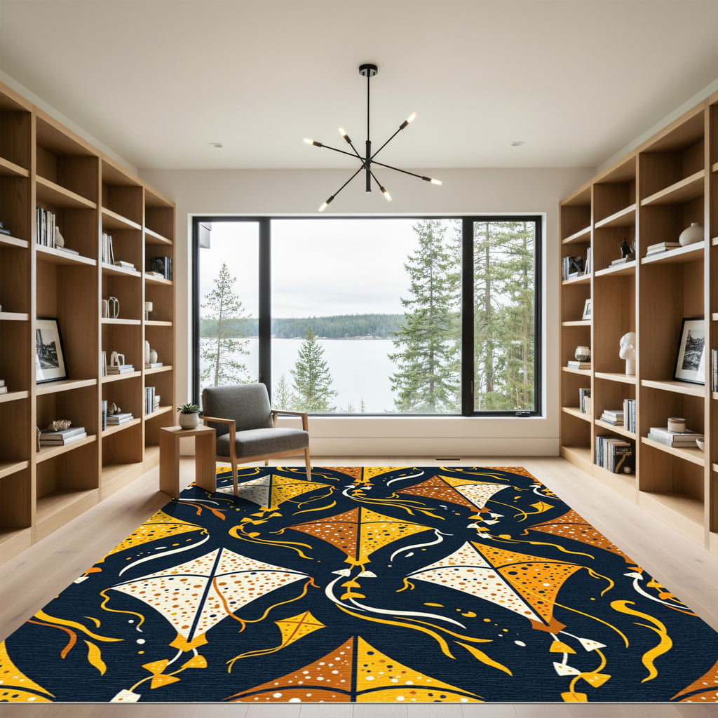 Golden Kite Dots With Navy Background Rug