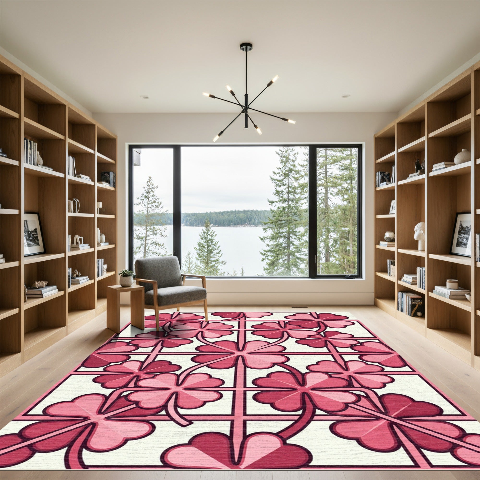 Pink Clover Grid Floral Art Rug