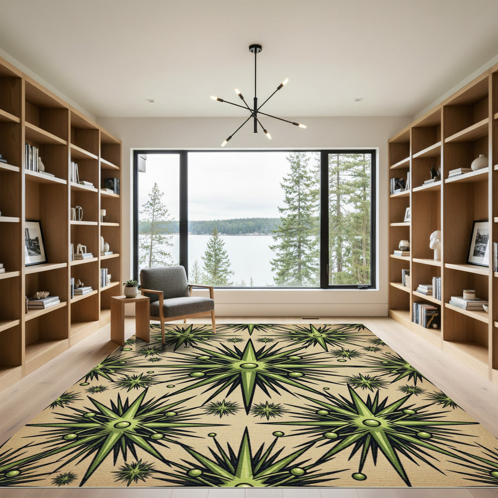 Midcentury Modern Olive Starburst Geometric Rug