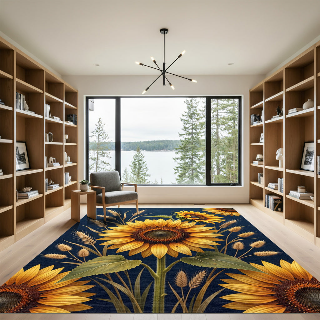Golden Sunflower Wheat Navy Composition Rug