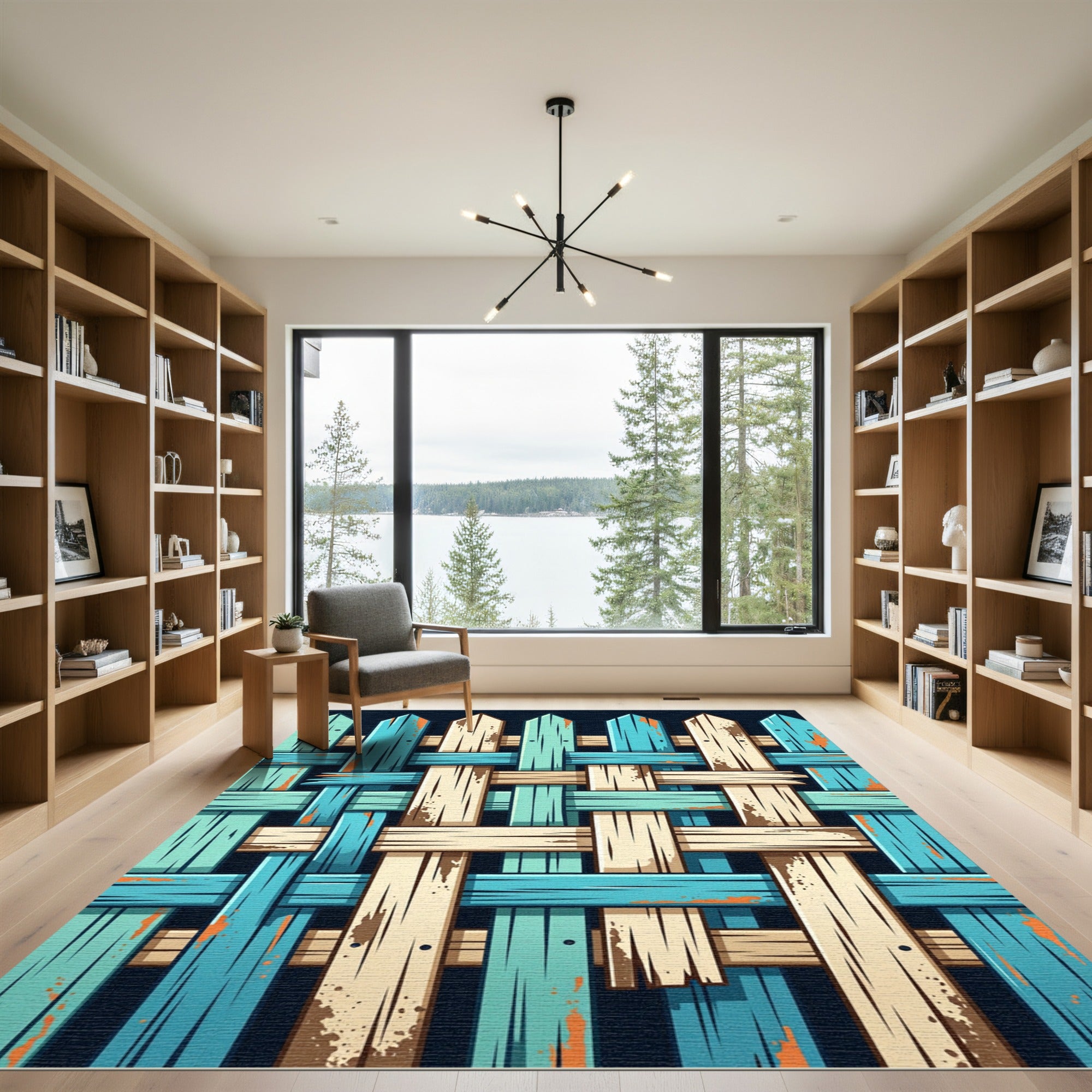 Rustic Teal and Cream Woven Fence Rug