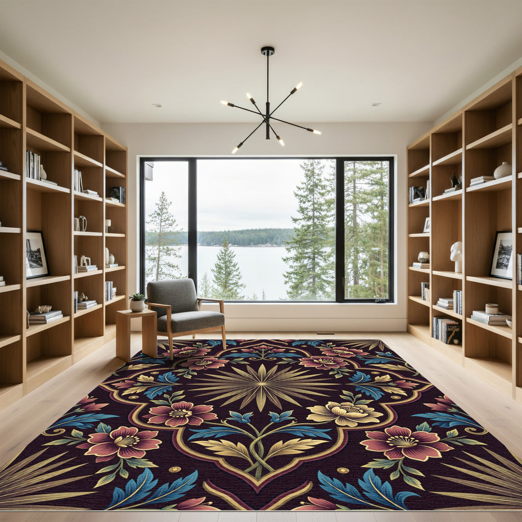 Elegant Floral Medallion with Golden Palm Rug
