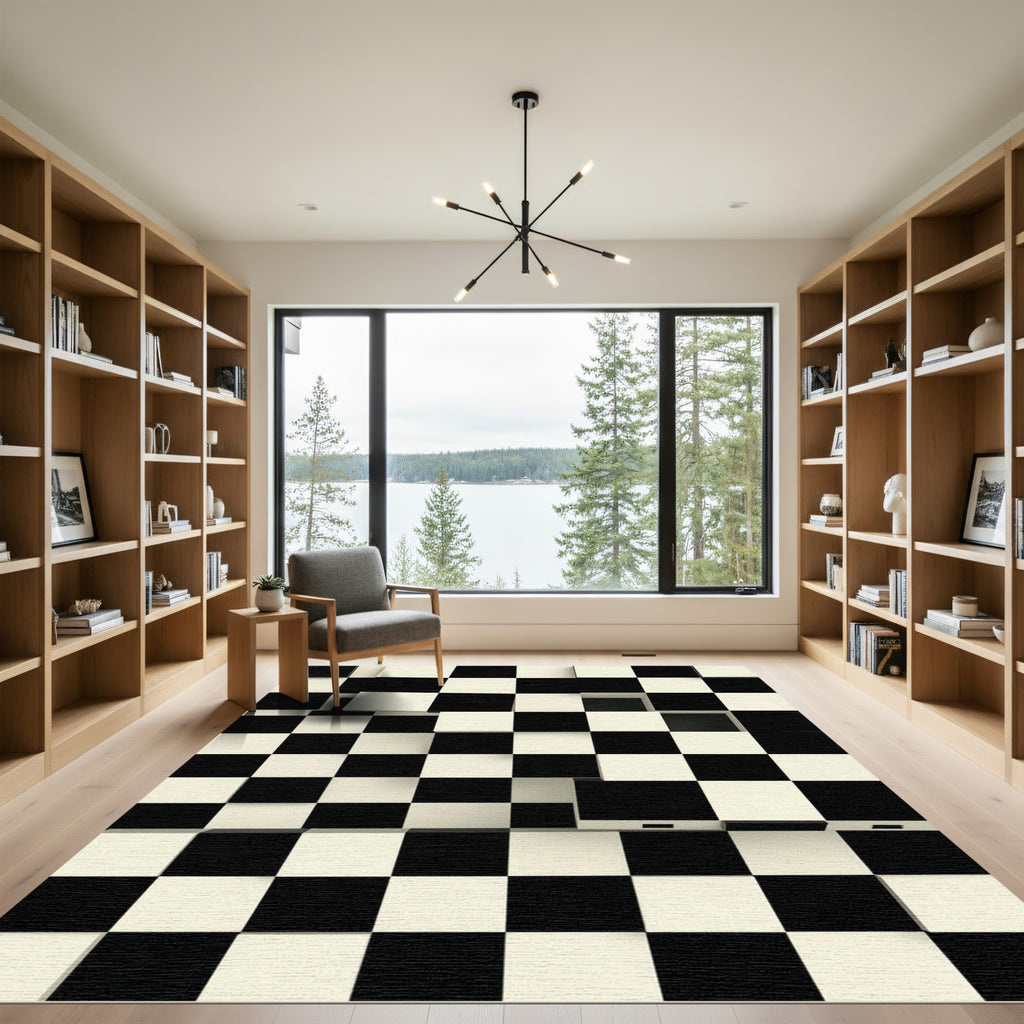 Monochrome Abstract Three Dimensional Checkerboard Rug